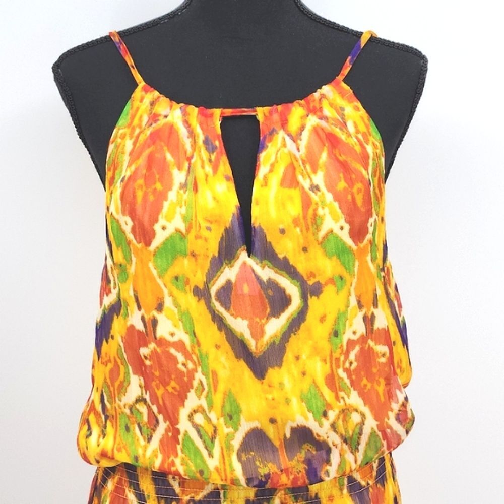 Lauren Ralph Lauren Tribal Ikat Print Yellow Tie-Back Smocked Maxi Dress Women 8 - Picture 9 of 11